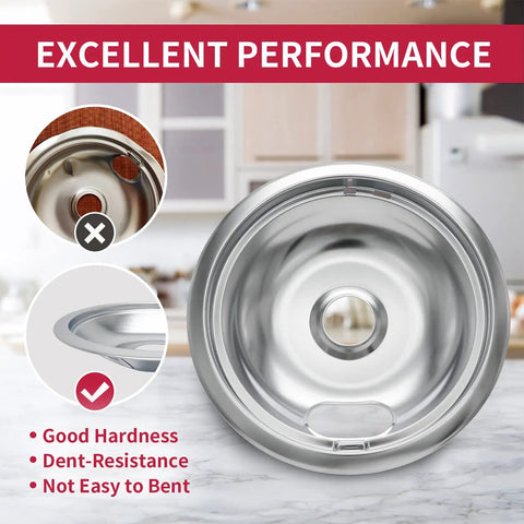 Chrome Stove Burner Drip Pans Set Of 4 For Electric Ranges Thickened Bent Preventing Design Fits Whirlpool Electric Range Tops Durable Silver Drip Pan Covers For Easy Cleaning And Fresh Look with focus on dent-resistance.