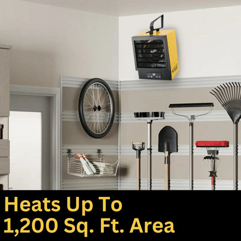 Beefy 240V Ceiling Mounted Garage Heater With Remote 10KW Hardwired Space Heater installed in garage, covering 1200 sq ft