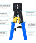 RJ45 Crimping Tool Ethernet Crimper for Cat6 Cat6a Cat5e Cat5 and RJ12 Ends Pass Through Connectors with blue handles and features labeled
