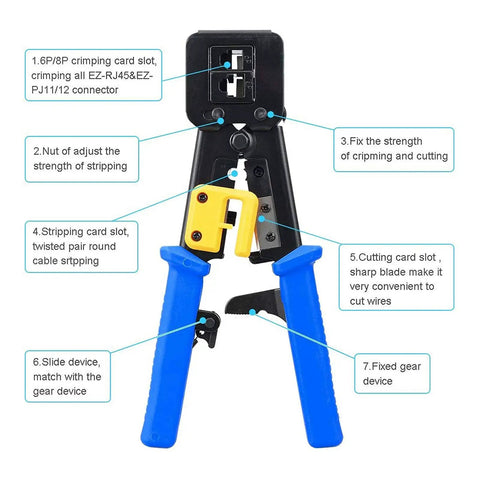 RJ45 Crimping Tool Ethernet Crimper for Cat6 Cat6a Cat5e Cat5 and RJ12 Ends Pass Through Connectors with blue handles and features labeled