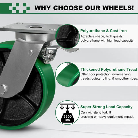 10X3 Inch Super Heavy Duty Casters Set Build Like A Tank With Tough As Nails Polyurethane Wheels showing durable polyurethane tread and metal hardware.