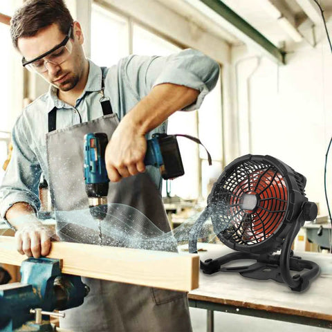 Rechargeable Outdoor Floor Fan Portable Beastly High Velocity Cooling Fan With LED Light USB Type C Port Cordless in workshop