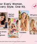 Diverse usage scenarios of All-In-One Poly Gel Nail Kit For Beginners with UV Lamp And Slip Solution shown for home or travel.