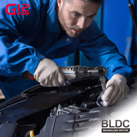 Mechanic using Cordless 12V Max Brushless Ratchet Wrench With One Quarter Inch Drive G12 Series for engine repair.