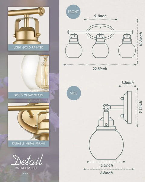 Diagram of Gold Finish Sleek Modern Vanity Light Fixture With Three Clear Glass Globes Over Mirror For Bathroom Renovation.