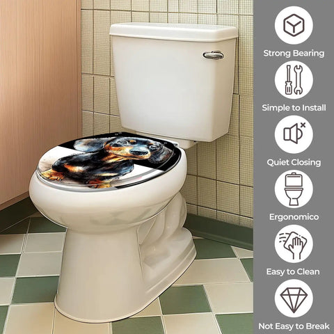 Round Resin Toilet Seat for Bathroom with dog design on a white toilet, fitting modern bathroom decor, easy to install.