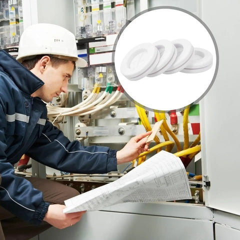 White Rubber Grommet Kit For Wire Protection And Insulation, High Elasticity Round Cable Protector Rings, Dustproof And Flame Retardant For Electrical Cables, 4 Pack installed on industrial wiring