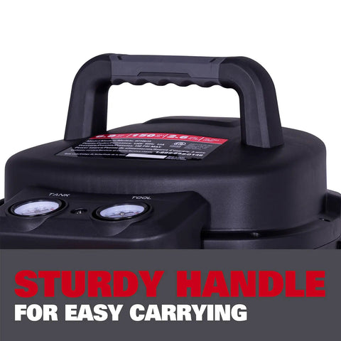 Heavy Duty Six Gallon Pancake Air Compressor With Dependable Oil Free Pump Generating 150 Psi And Smooth 2.6 Cfm Airflow sturdy handle for easy carrying.