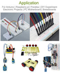 Image showing applications of 130 Pcs Solderless Flexible Breadboard Jumper Wires Male To Male With Multicolor Dupont Cable for Arduino and Raspberry Pi.