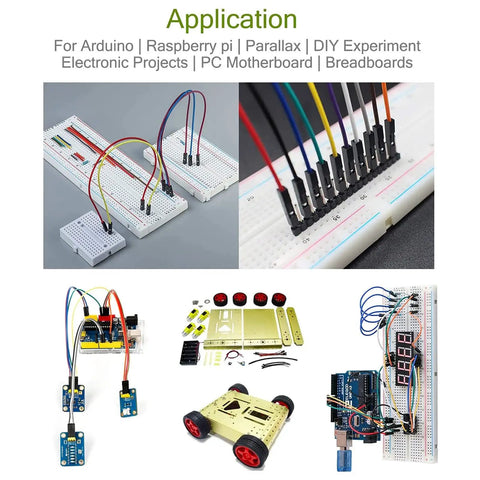 Image showing applications of 130 Pcs Solderless Flexible Breadboard Jumper Wires Male To Male With Multicolor Dupont Cable for Arduino and Raspberry Pi.