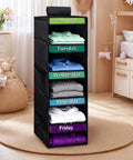 Kids Five Shelf Hanging Closet Organizer With Weekday Dividers, black, five tiers, neatly organized clothing by day.