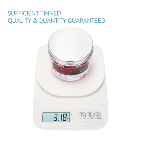 Jar of Solder Seal Wire Connectors 200 Pieces 22 To 18 AWG Red on scale showing weight of 3.18 ounces