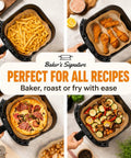 Hassle Free Air Fryer Liners Disposable Parchment Paper Silicone Coated Nonstick BPA Free, shown with various cooked foods.