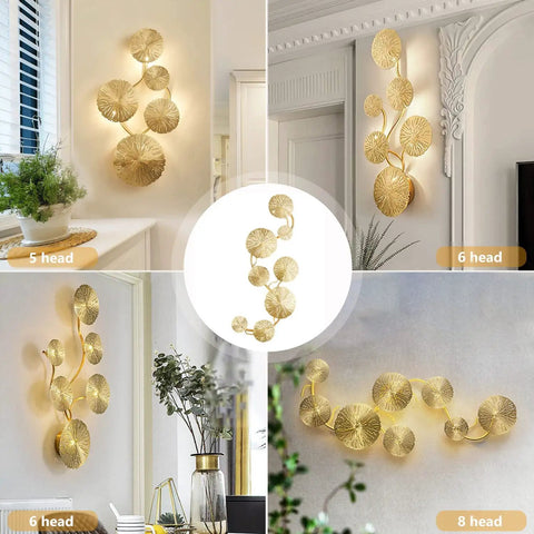 Lux Lotus Leaf Wall Sconce Night Light With Gold Finish, Modern Flush Mount Wall Lamp For Living Room And Bedroom, 5 to 8 heads