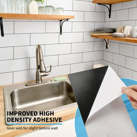 White Peel And Stick Backsplash Panels For Kitchen And Bathroom Waterproof Self Adhesive Subway Tiles DIY Friendly Large 5.9 X 11.8 Inch Easy Install 22 Piece Set Covers 10.63 Sq Ft shown in use above a kitchen sink.