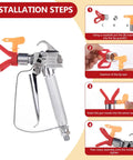Installation steps for Airless Paint Spray Gun High Pressure 3600 PSI With Reversible 517 Tip Swivel Joint Pro Grade One Quarter Inch Inlet Four Finger Trigger For Titan Graco Sprayers 100 Mesh Gun Filter Red Or Gray Universal Tip Guard.