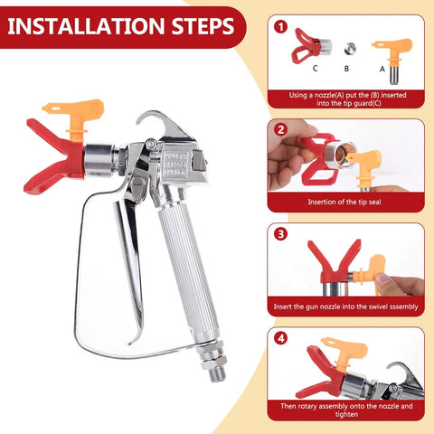 Installation steps for Airless Paint Spray Gun High Pressure 3600 PSI With Reversible 517 Tip Swivel Joint Pro Grade One Quarter Inch Inlet Four Finger Trigger For Titan Graco Sprayers 100 Mesh Gun Filter Red Or Gray Universal Tip Guard.