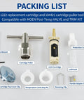 Packing list of Posi Temp Cartridge Replacement Kit with 104421 Removal Tool and 116653 Handle Adapter, brass construction.