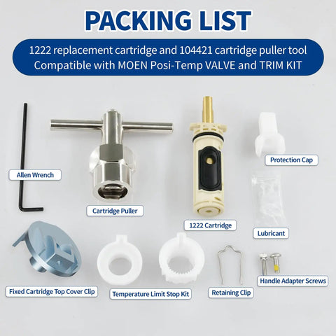 Packing list of Posi Temp Cartridge Replacement Kit with 104421 Removal Tool and 116653 Handle Adapter, brass construction.