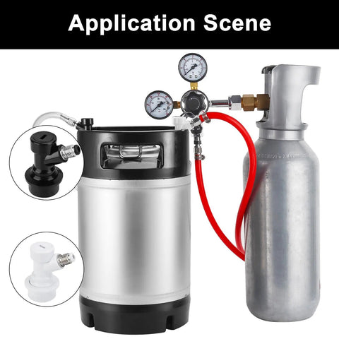 Ball Lock Keg Quick Disconnect Set For Corny Kegs CO2 And Liquid Ball Lock Fittings With Barbs MFL Beer Keg Disconnects With Clamps 2 Pack White And Black Fits Most Standard Ball Lock Keg Posts, shown installed on a Cornelius keg with CO2 cylinder.