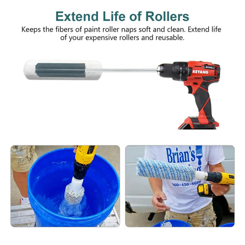 Paint Roller Cleaner and Dryer Tool for 9 to 18 Inch Rollers Drill Driver Attachment Pro Roller Washer That Scrubs Paint Out Keeps Fibers Soft and Rollers Reusable Fast Attach Durable One Pack in use with drill