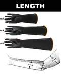 Heavy Duty 18 Inch Latex Work Gloves With Rock Solid Chemical Resistance in black, displayed alongside 14 inch and 22 inch versions for comparison.
