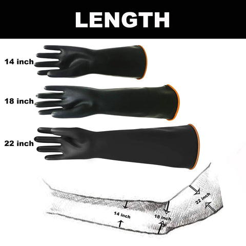 Heavy Duty 18 Inch Latex Work Gloves With Rock Solid Chemical Resistance in black, displayed alongside 14 inch and 22 inch versions for comparison.