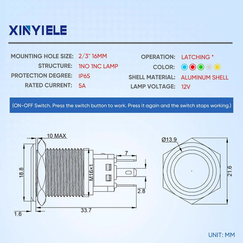 Diagram of 12V Latching Push Button Switch With Waterproof LED Ring Red Light For Car On Off Power Button 0.63 Inch Mount Hole