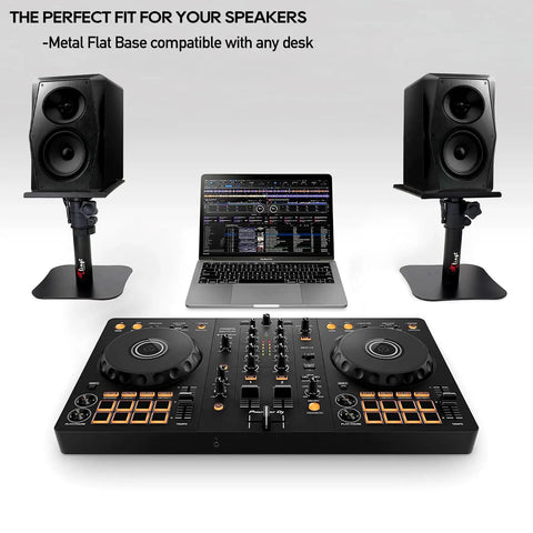Heavy Duty Desktop Speaker Stands Pair With Flat Base Adjustable Height And Tilt Universal Platforms for computer setup