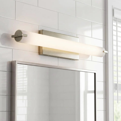 LED Linear Bathroom Vanity Light In Brushed Nickel Finish above mirror, slim modern bath bar, energy efficient with even illumination