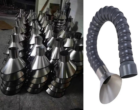 Heavy Duty Welding Fume Extraction Arm With Flexible Dust Collection Hood And Smart Throttle Valve For Soldering Smoke Removal 5 Foot Articulated Tube 100 Mm Diameter conical dust hoods stacked and flexible tube