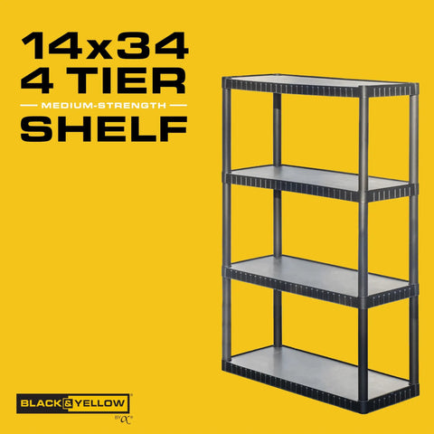 Hella Durable Heavy Duty Plastic Storage Shelves Featuring Four Tier Design And Seventy Five Pound Weight Limit For Badass Garage Organization Freestanding Indoor Outdoor Rack Black Setup showcasing 4-tier black plastic shelving rack.