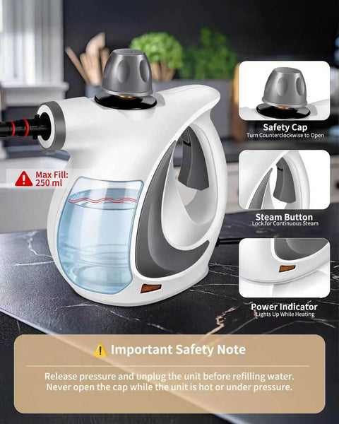 Close-up of handheld steam cleaner features including safety cap and steam button for Grab This Bad Boy Of A Handheld Steam Cleaner For Home!
