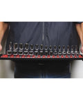 Person holding 18-Inch Socket Boss 2 Rail 1/2-Inch Drive Socket Organizer with Twist Lock Secure Hold for Toolbox Drawers, Red Finish