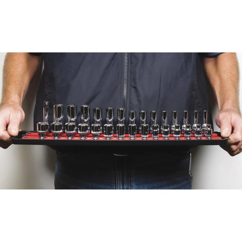 Person holding 18-Inch Socket Boss 2 Rail 1/2-Inch Drive Socket Organizer with Twist Lock Secure Hold for Toolbox Drawers, Red Finish