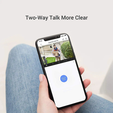 Hand holding smartphone displaying two-way talk feature of 2K Outdoor Security Camera For Home, WiFi Surveillance For Color Night Vision