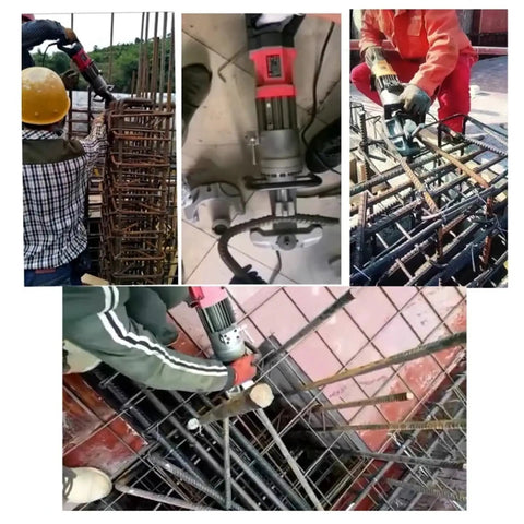 Portable Electric Hydraulic Rebar Cutter And Bender For Steel Bars Up To 16mm in use on construction site with steel rods.