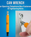 Can wrench from 5 Piece Telecom Installer Kit With Can Wrench, Ergonomic Splicing Knife, Electrician Scissors, Probe Pick, And Rugged PVC Tool Pouch For Field Wiring And Quick Box Access On The Job, shown tightening a nut with close-up hand view.