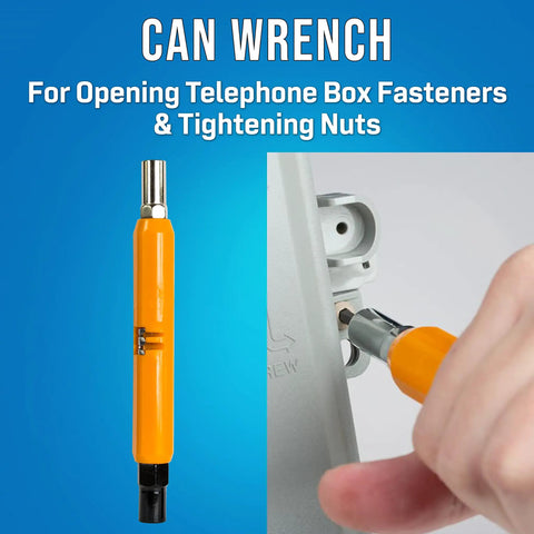 Can wrench from 5 Piece Telecom Installer Kit With Can Wrench, Ergonomic Splicing Knife, Electrician Scissors, Probe Pick, And Rugged PVC Tool Pouch For Field Wiring And Quick Box Access On The Job, shown tightening a nut with close-up hand view.
