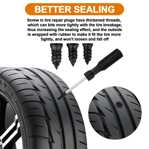 100 Piece Tire Plug Kit With Three Sizes Of Tire Repair Screws And A Screwdriver For Fast On The Road Tire Repairs And Emergency Fixes For Cars Trucks And SUVs, close-up of screw in tire.