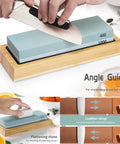 Pro Grade Knife And Axe Sharpening Stone Set With Four Sides Grit 400 1000 And 3000 8000 Plus Bamboo Base Flatting Stone Angle Guide And Leather Strop Waterstone Kit For Sharp Smooth Edges with hands using angle guide and sharpening knife on bamboo base