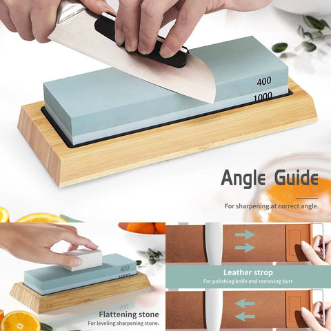 Pro Grade Knife And Axe Sharpening Stone Set With Four Sides Grit 400 1000 And 3000 8000 Plus Bamboo Base Flatting Stone Angle Guide And Leather Strop Waterstone Kit For Sharp Smooth Edges with hands using angle guide and sharpening knife on bamboo base