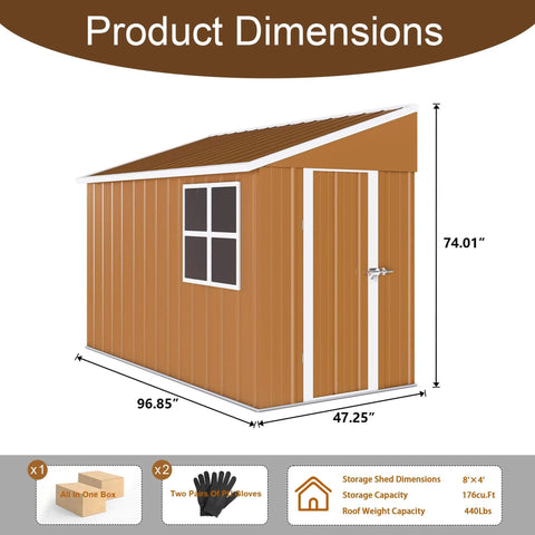 Heavy Duty Metal Tool Shed With Windows Lockable Door And Ventilation Weatherproof Outdoor Storage For Backyard And Lawn Gear 8 By 4 Feet Durable Brown Finish
