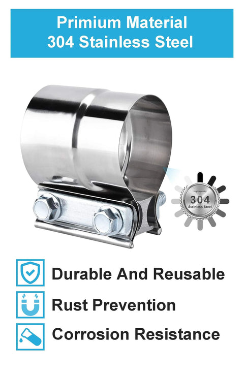 Exhaust clamp 2.5 in, lap-joint band, 304 stainless steel, 2-pack for muffler repair (DecoHongDi/Amazon)