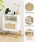 Rattan Boho Nightstand with charging station, white with a rattan-weave drawer, gold metal legs in farmhouse style setup.