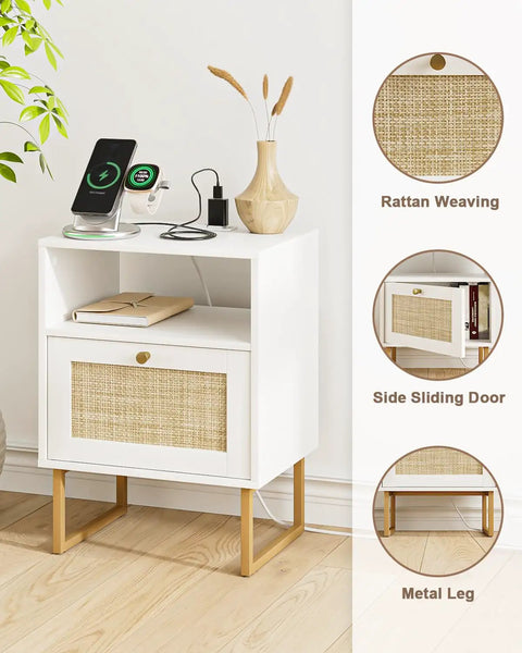 Rattan Boho Nightstand with charging station, white with a rattan-weave drawer, gold metal legs in farmhouse style setup.