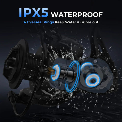 IPX5 waterproof feature of Spartacus II Plus Spinning Reel For Freshwater And Saltwater Angling, highlighting eversal rings.