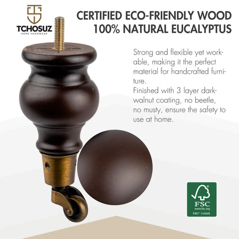6 Inch Wooden Furniture Legs With Casters Wheels Pack Of 4 Classic Walnut Solid Wood Round Bun Feet For DIY Projects Sofa Couch Cabinet Ottoman Bed Riser Easy To Move And Elevate Height Dope Home Upgrade image showing side view of dark walnut wooden leg with brass caster.
