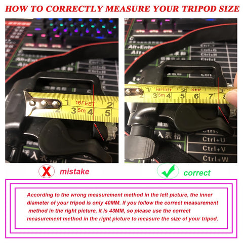 Guide on measuring tripod diameter with tape measure, highlighting correct and incorrect methods. For Two Pack 41mm And 43mm Quick Release Camera Mount Plates.