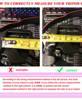 Image comparing incorrect and correct tripod size measurement methods using a tape measure.